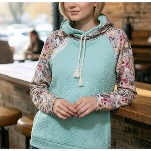 AMOLI Womens S Double Hoodie Green/Floral Eclectic Quilted Bohemian Multi